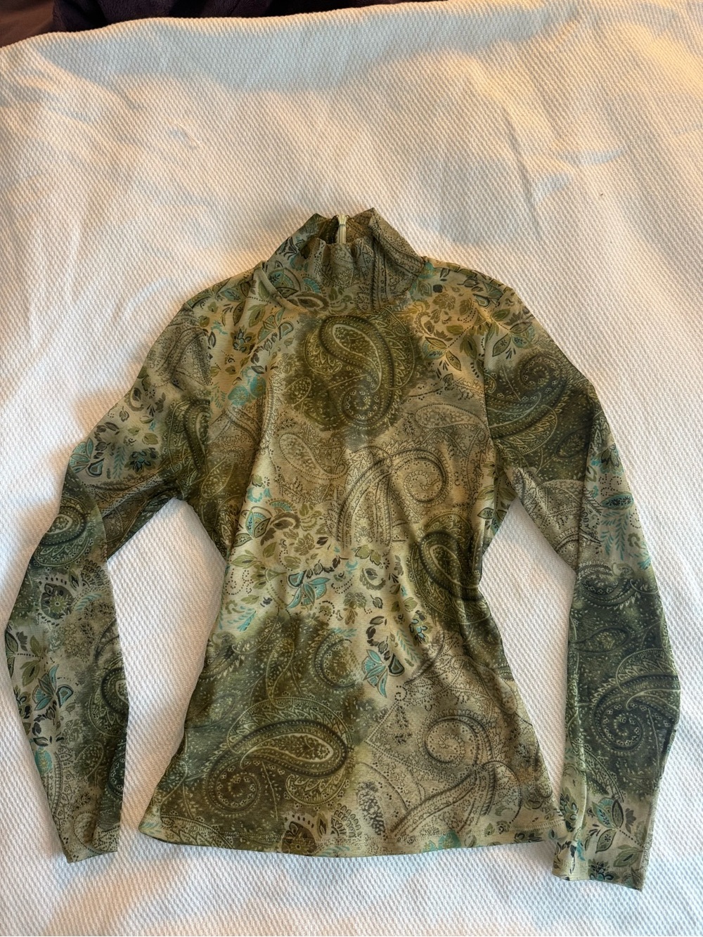 Women’s Olive Green Paisley Long Sleeve Mock Neck Top